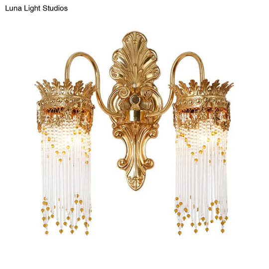 Traditional Gold Crown Wall Sconce With Crystal Fringe Stylish Metal Living Room Lamp