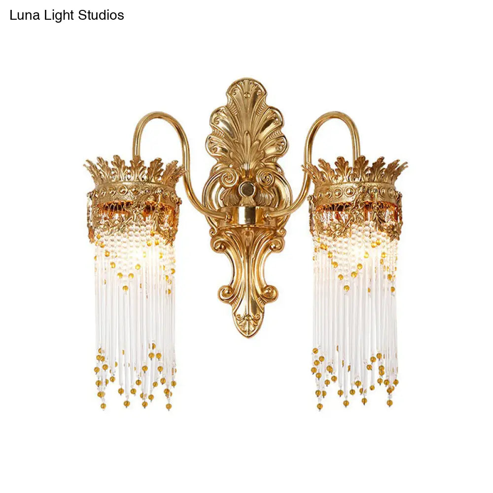 Traditional Gold Crown Wall Sconce With Crystal Fringe Stylish Metal Living Room Lamp