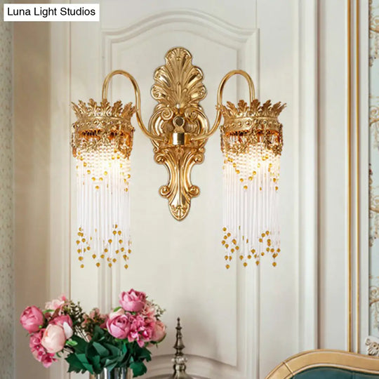 Traditional Gold Crown Wall Sconce With Crystal Fringe Stylish Metal Living Room Lamp