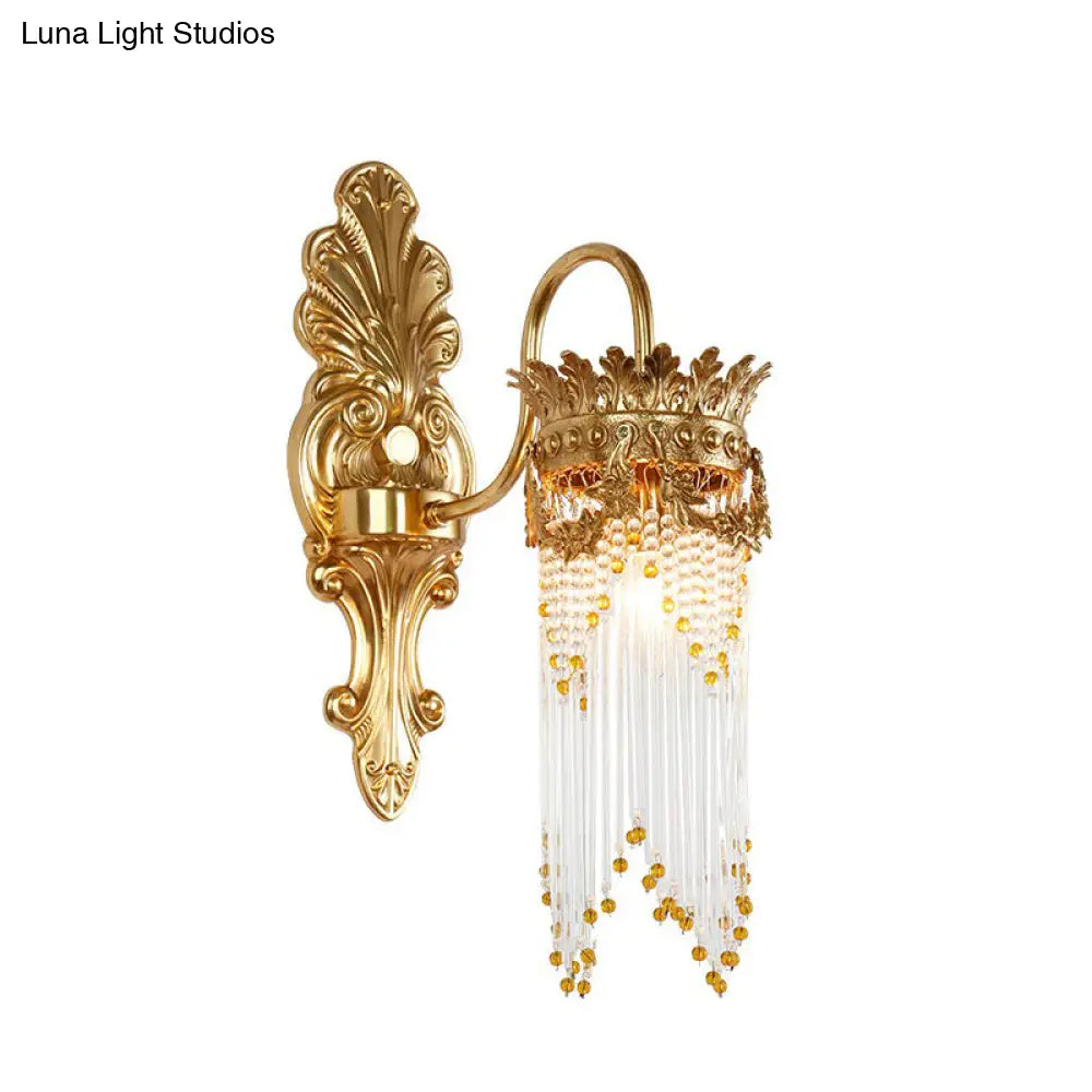 Traditional Gold Crown Wall Sconce With Crystal Fringe Stylish Metal Living Room Lamp