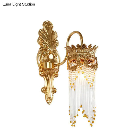 Traditional Gold Crown Wall Sconce With Crystal Fringe Stylish Metal Living Room Lamp