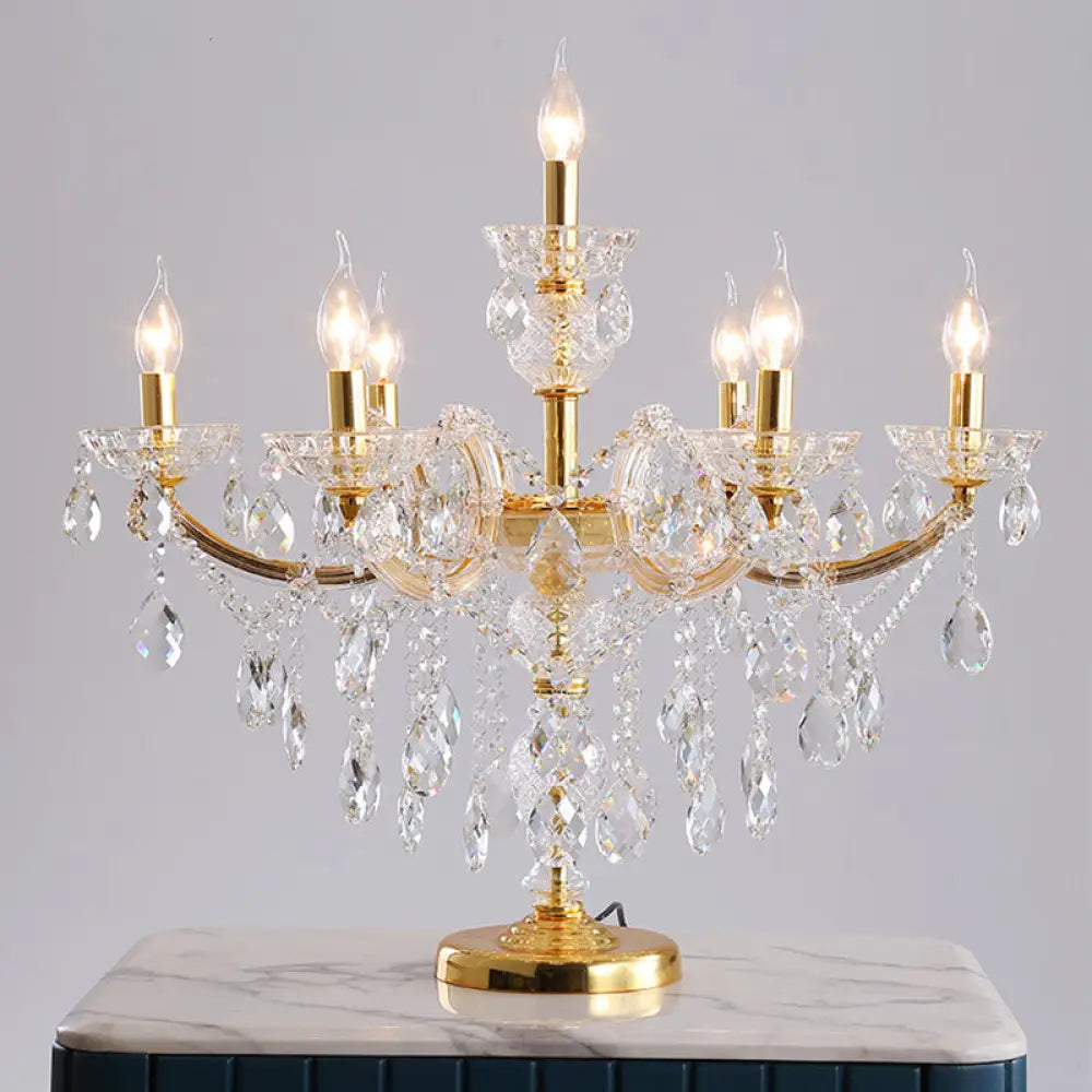 Traditional Gold Crystal Candelabra Table Lamp With 7 Bulbs - Elegant Nightstand Light For Bedroom