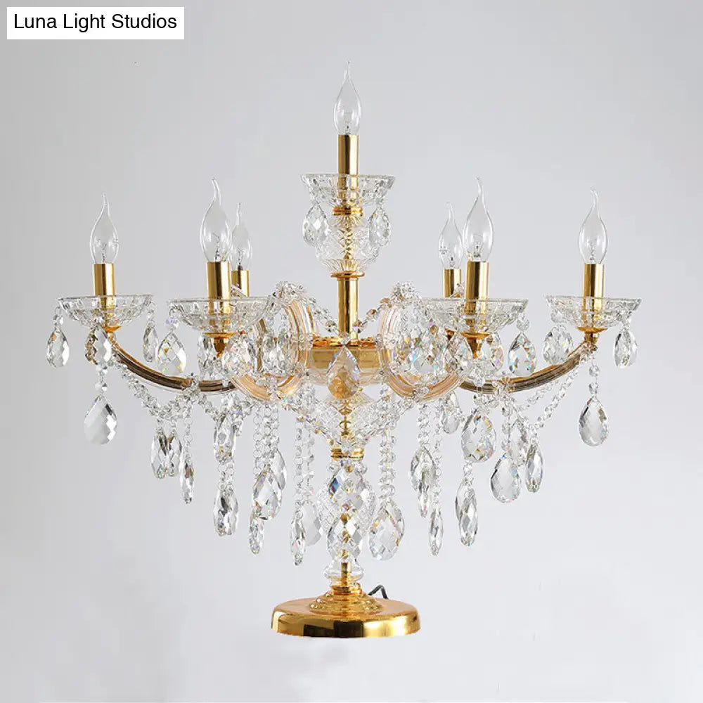 Traditional Gold Crystal Candelabra Table Lamp With 7 Bulbs - Elegant Nightstand Light For Bedroom