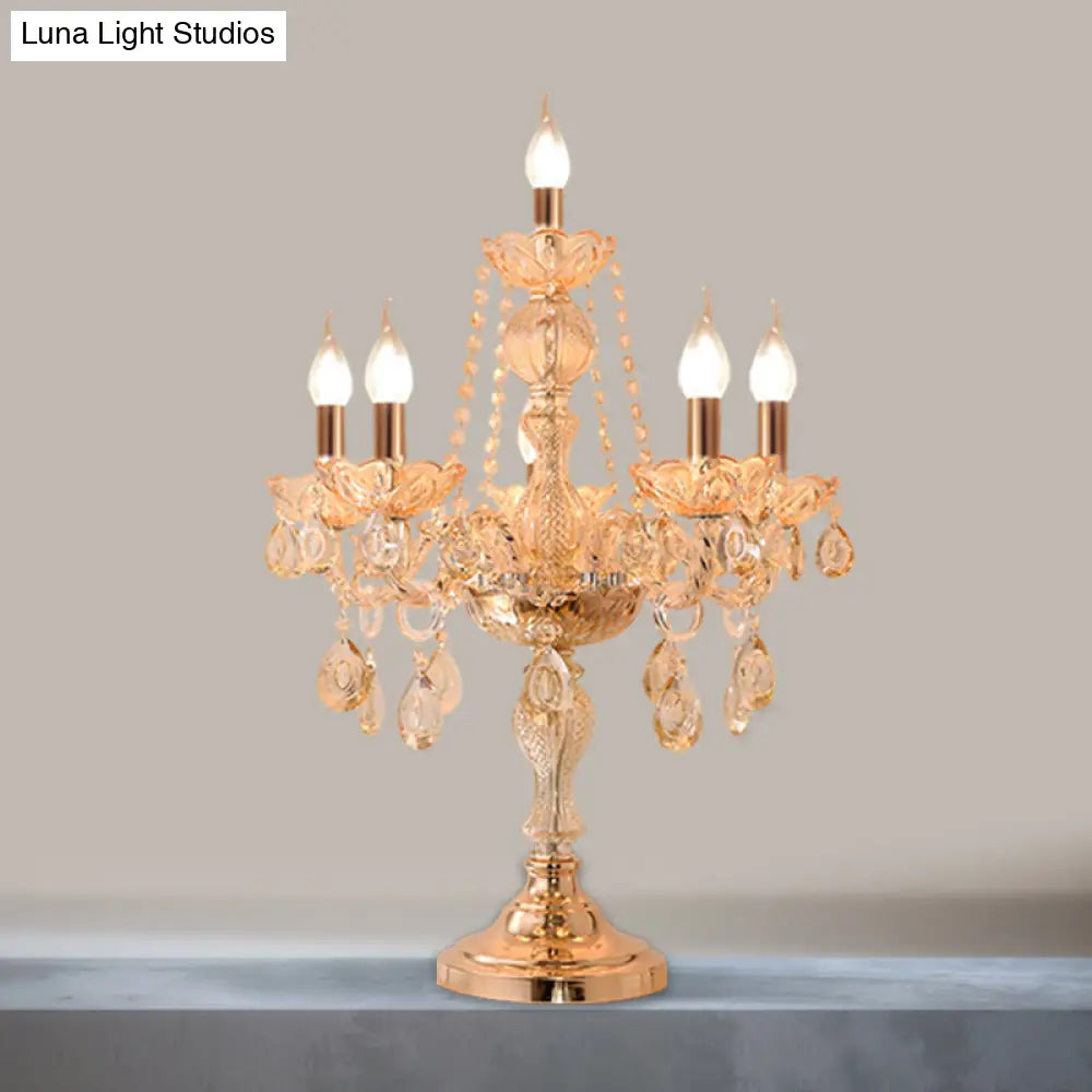 Traditional Gold Crystal Candelabra Table Lamp With White Bell Fabric Shade (5/6 Heads) Nightstand