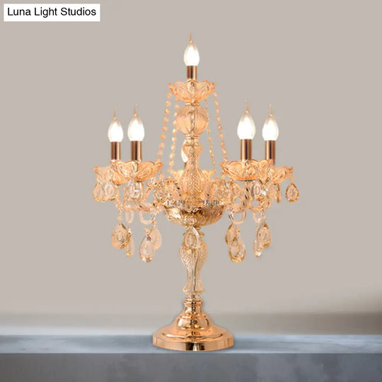 Traditional Gold Crystal Candelabra Table Lamp With White Bell Fabric Shade (5/6 Heads) Nightstand