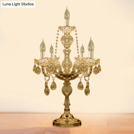 Traditional Gold Crystal Candelabra Table Lamp With White Bell Fabric Shade (5/6 Heads) Nightstand