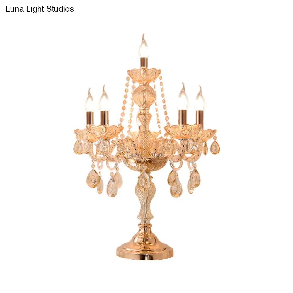 Traditional Gold Crystal Candelabra Table Lamp With White Bell Fabric Shade (5/6 Heads) Nightstand