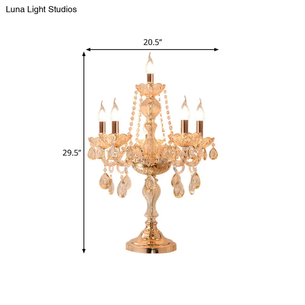 Traditional Gold Crystal Candelabra Table Lamp With White Bell Fabric Shade (5/6 Heads) Nightstand