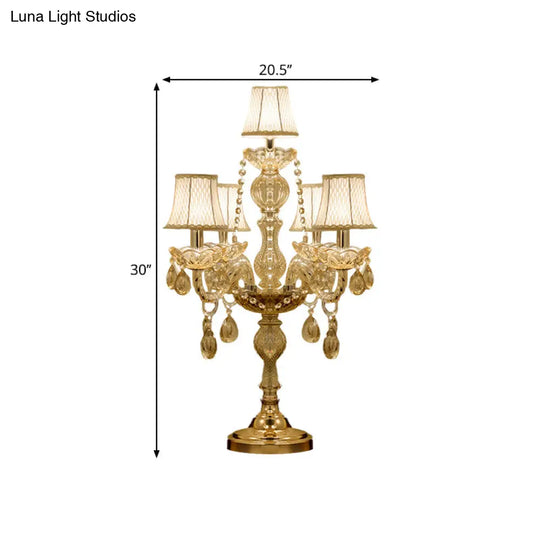 Traditional Gold Crystal Candelabra Table Lamp With White Bell Fabric Shade (5/6 Heads) Nightstand