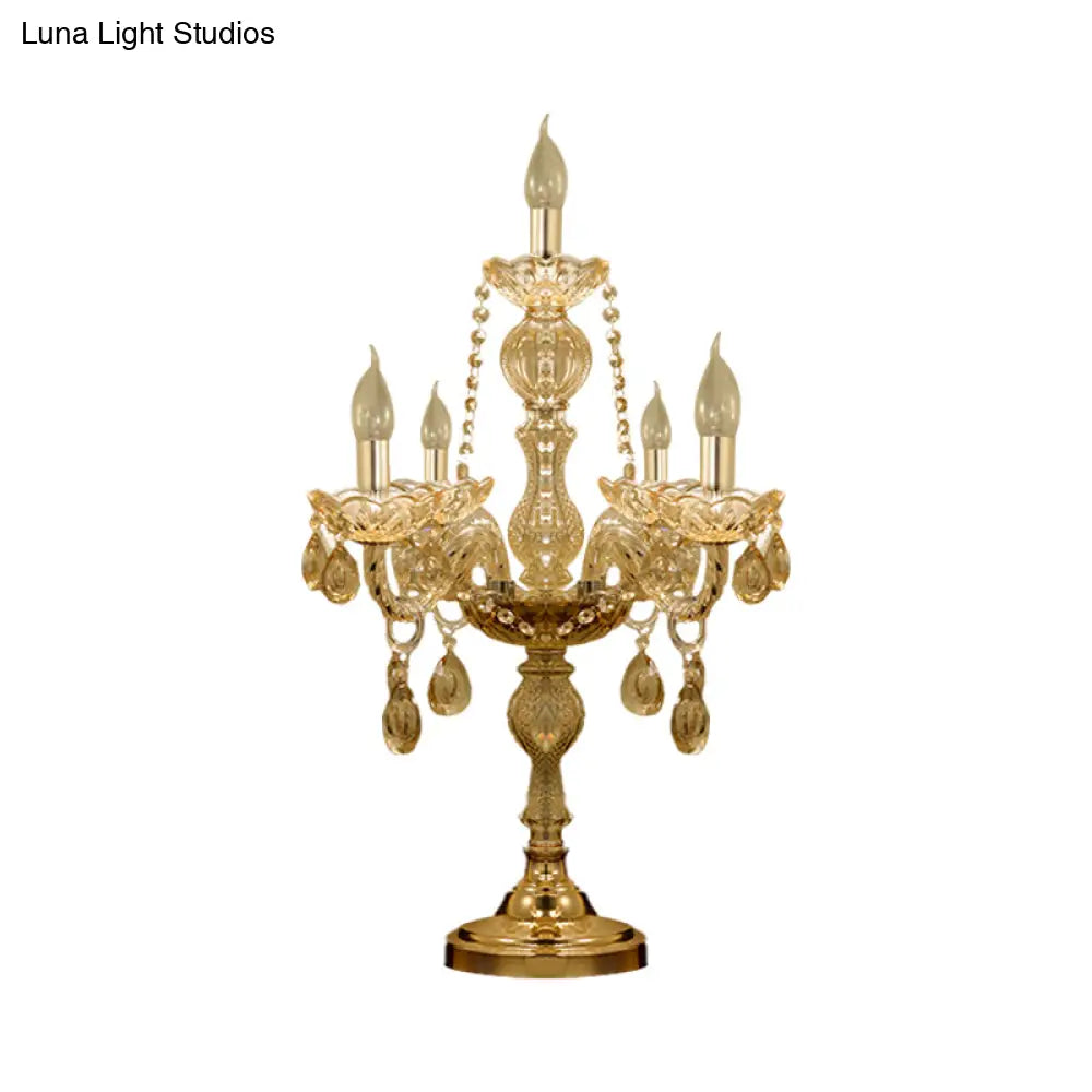 Traditional Gold Crystal Candelabra Table Lamp With White Bell Fabric Shade (5/6 Heads) Nightstand