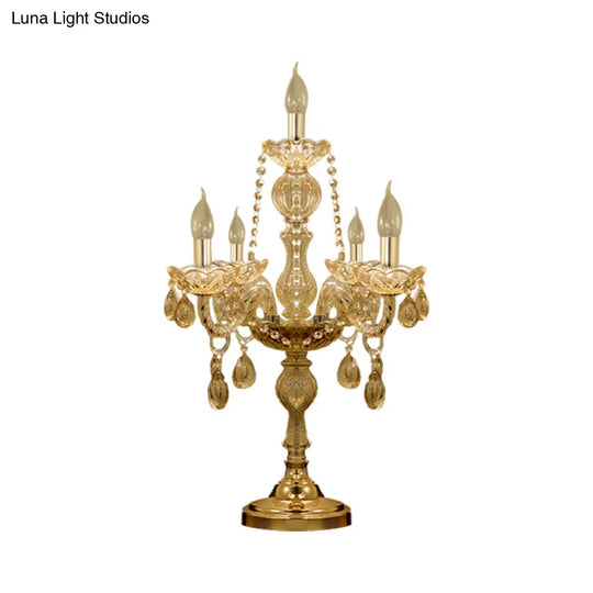 Traditional Gold Crystal Candelabra Table Lamp With White Bell Fabric Shade (5/6 Heads) Nightstand