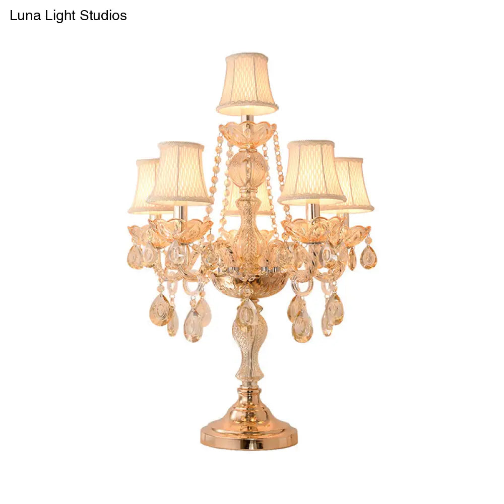 Traditional Gold Crystal Candelabra Table Lamp With White Bell Fabric Shade (5/6 Heads) Nightstand