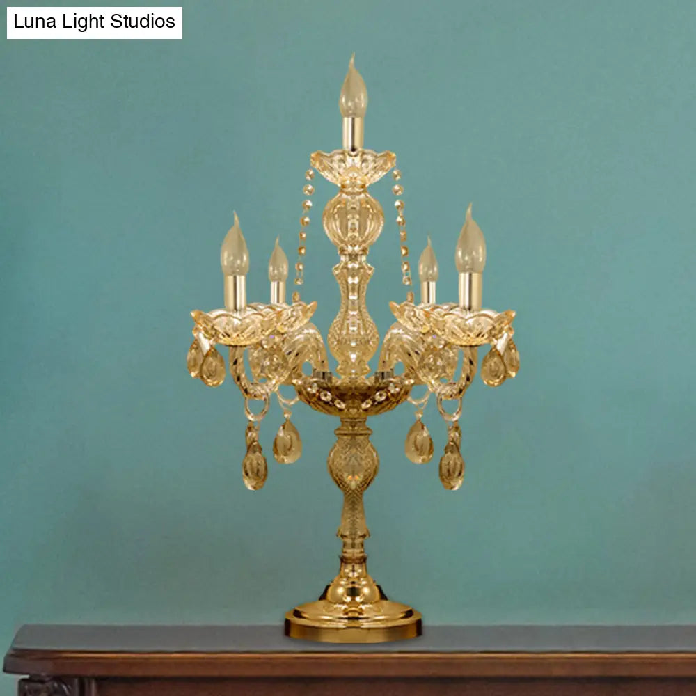 Traditional Gold Crystal Candelabra Table Lamp With White Bell Fabric Shade (5/6 Heads) Nightstand