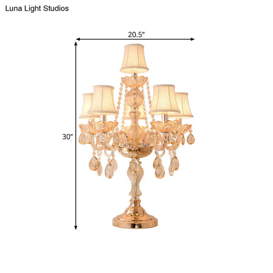 Traditional Gold Crystal Candelabra Table Lamp With White Bell Fabric Shade (5/6 Heads) Nightstand