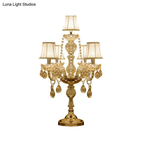 Traditional Gold Crystal Candelabra Table Lamp With White Bell Fabric Shade (5/6 Heads) Nightstand