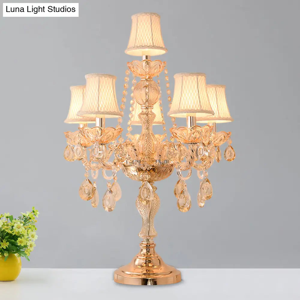 Traditional Gold Crystal Candelabra Table Lamp With White Bell Fabric Shade (5/6 Heads) Nightstand