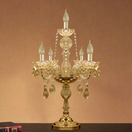 Traditional Gold Crystal Candelabra Table Lamp With White Bell Fabric Shade (5/6 Heads) Nightstand