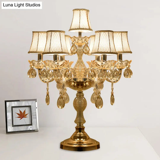 Traditional Gold Crystal Candlestick Table Lamp With White Bell Fabric Shade