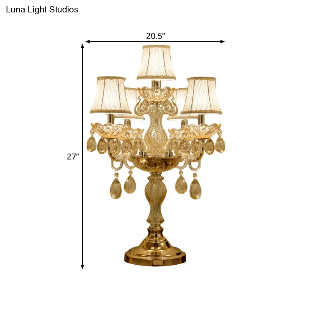 Traditional Gold Crystal Candlestick Table Lamp With White Bell Fabric Shade