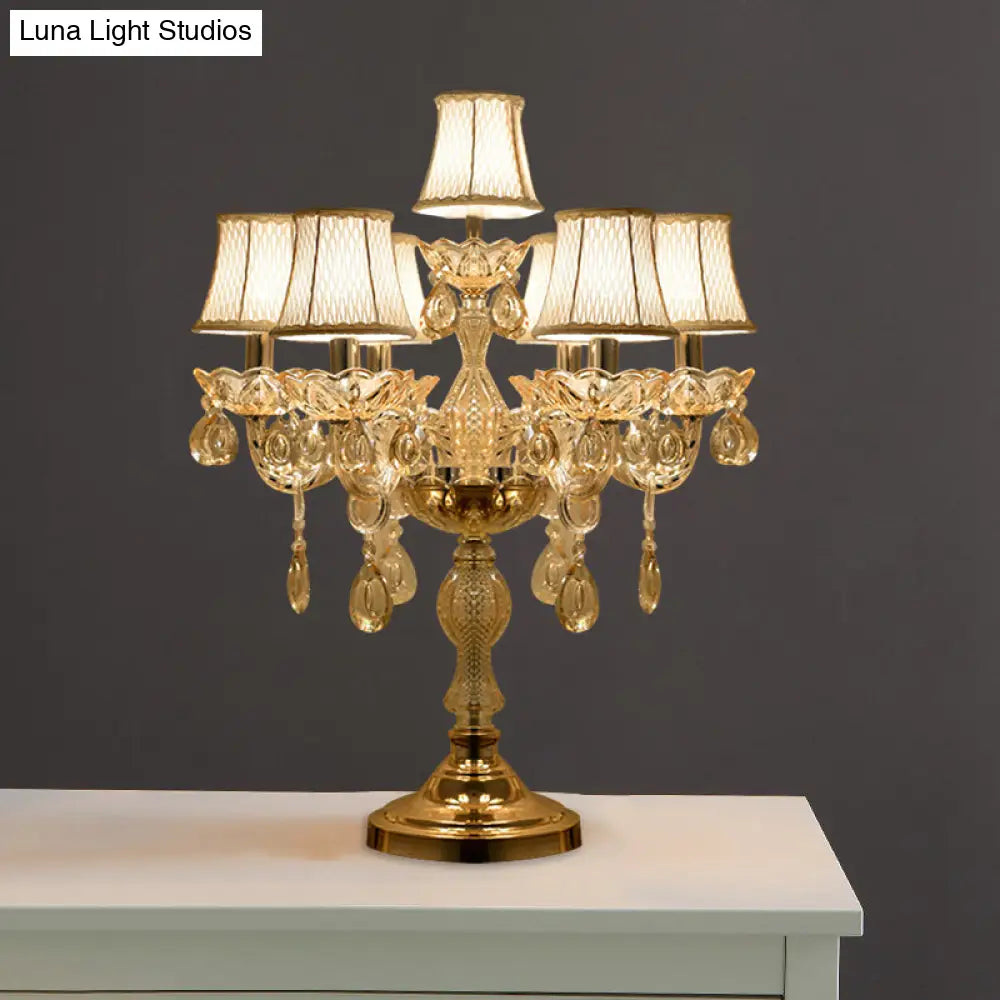 Traditional Gold Crystal Candlestick Table Lamp With White Bell Fabric Shade