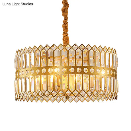 Traditional Gold Crystal Chandelier Pendant Light - 3/4 Lights Drum Hanging Lamp