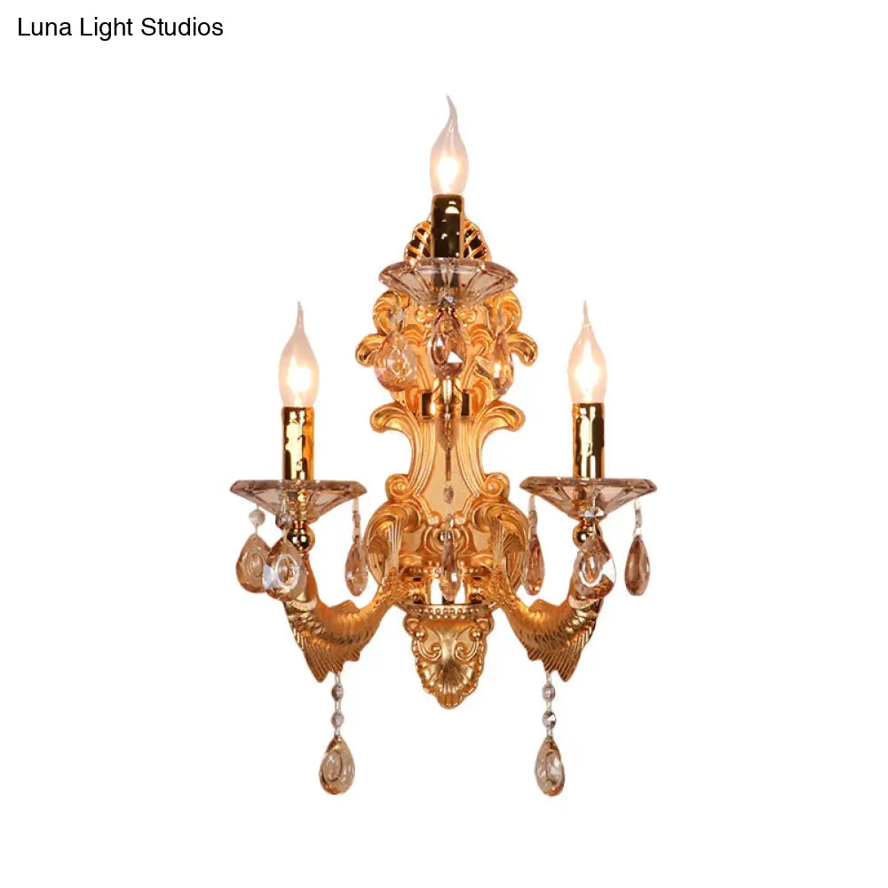 Traditional Gold Crystal Droplets Wall Sconce With 3-Head Candelabra - Elegant Lighting Fixture