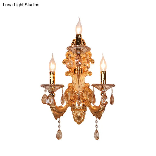 Traditional Gold Crystal Droplets Wall Sconce With 3-Head Candelabra - Elegant Lighting Fixture