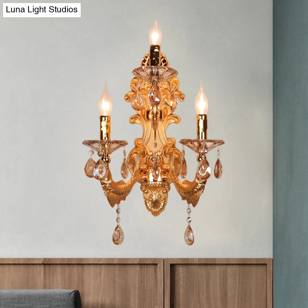 Traditional Gold Crystal Droplets Wall Sconce With 3-Head Candelabra - Elegant Lighting Fixture