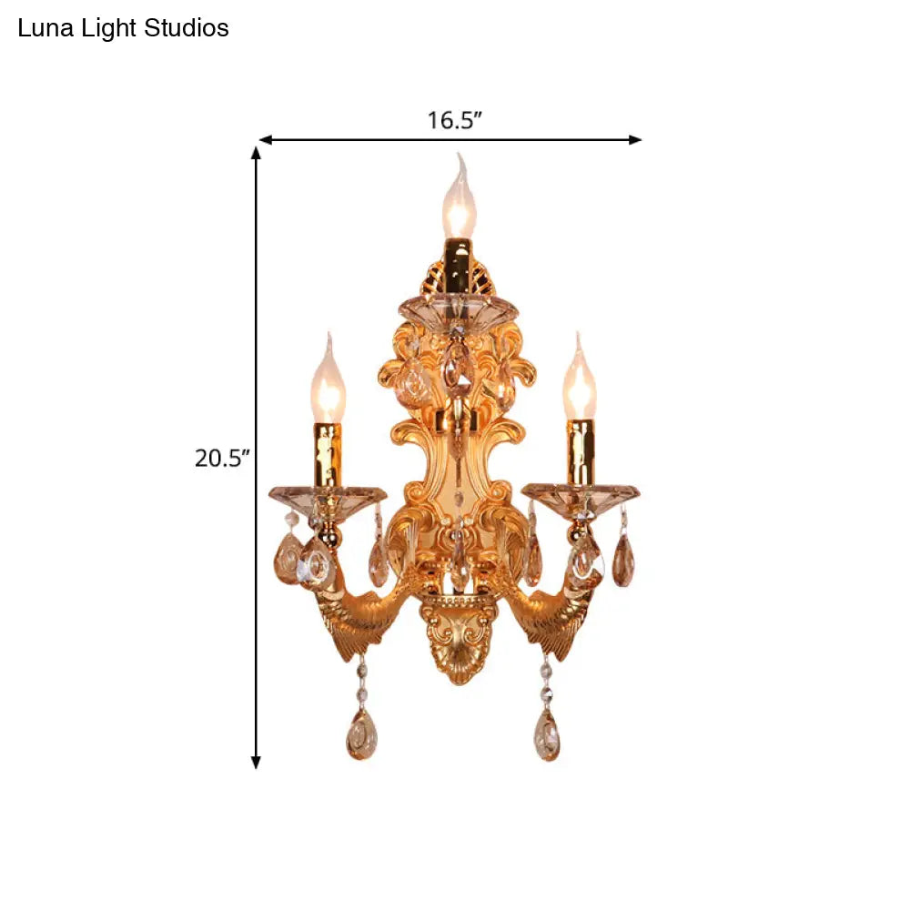 Traditional Gold Crystal Droplets Wall Sconce With 3-Head Candelabra - Elegant Lighting Fixture