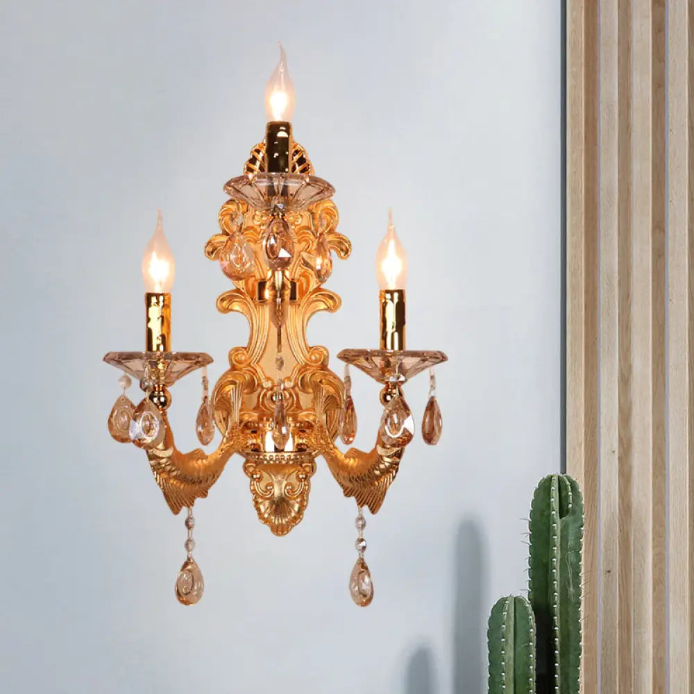 Traditional Gold Crystal Droplets Wall Sconce With 3-Head Candelabra - Elegant Lighting Fixture /