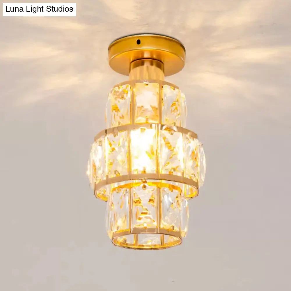 Traditional Gold Crystal Flush Mount Foyer Lamp With Beveled Inlay