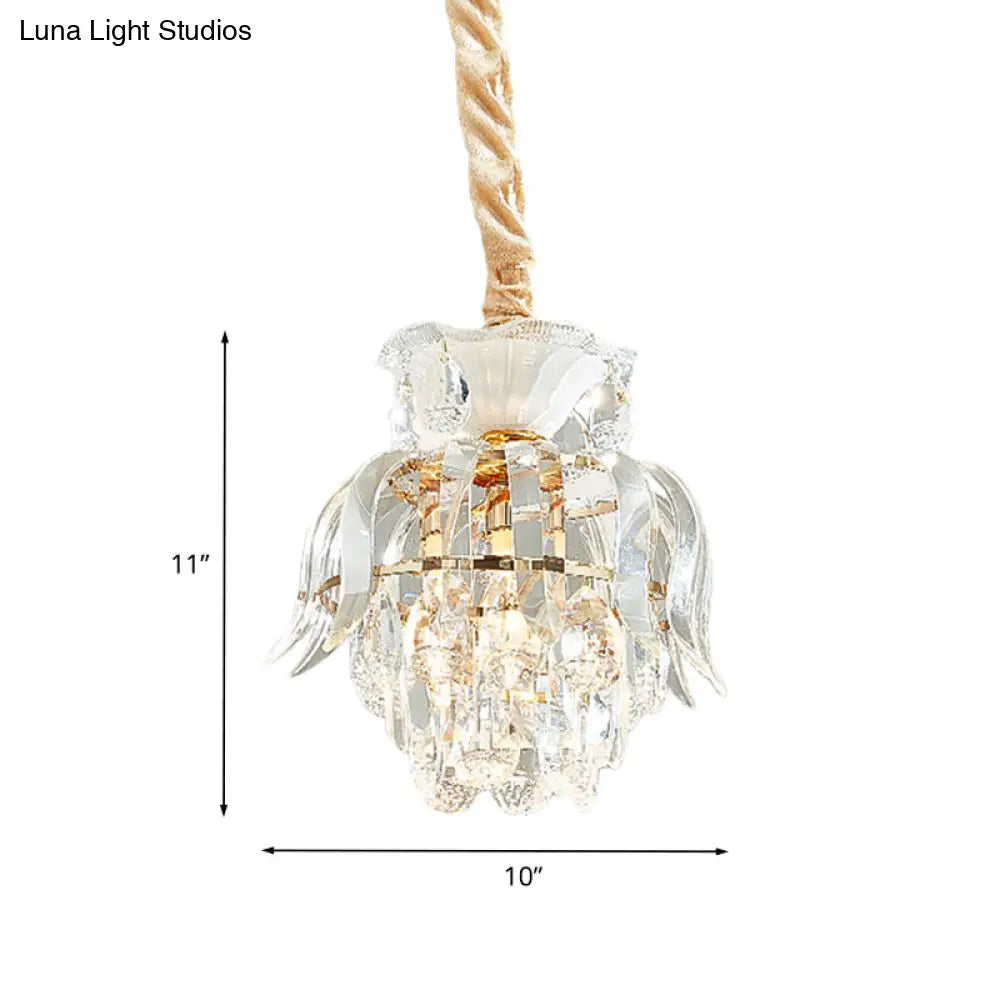 Traditional Gold Crystal Lotus Pendant Light With Tiered Pendulum - Perfect For Dining Room