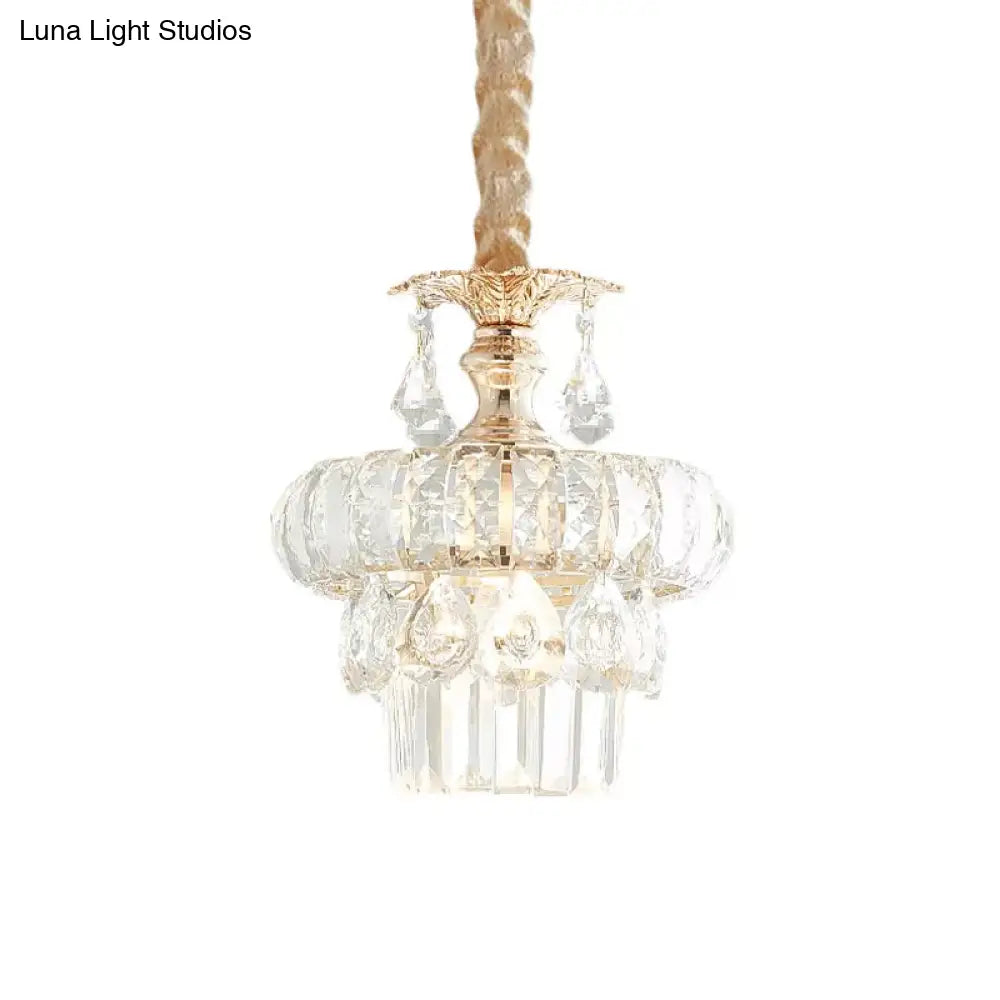 Traditional Gold Crystal Lotus Pendant Light With Tiered Pendulum - Perfect For Dining Room