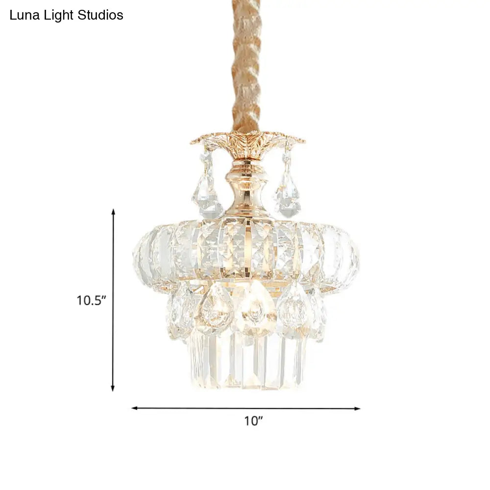 Traditional Gold Crystal Lotus Pendant Light With Tiered Pendulum - Perfect For Dining Room