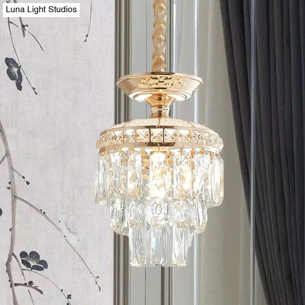 Traditional Gold Crystal Lotus Pendant Light With Tiered Pendulum - Perfect For Dining Room