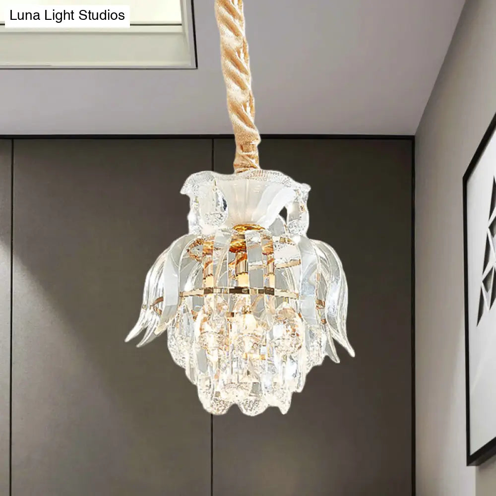 Traditional Gold Crystal Lotus Pendant Light With Tiered Pendulum - Perfect For Dining Room