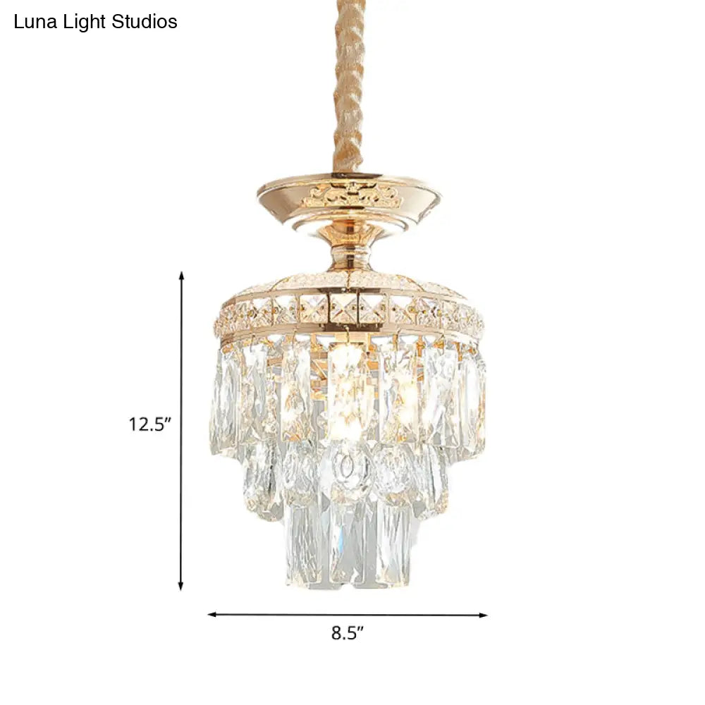 Traditional Gold Crystal Lotus Pendant Light With Tiered Pendulum - Perfect For Dining Room