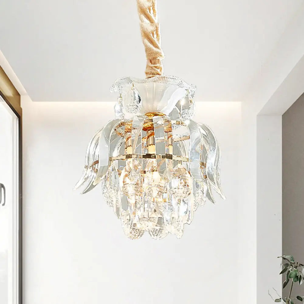 Traditional Gold Crystal Lotus Pendant Light With Tiered Pendulum - Perfect For Dining Room