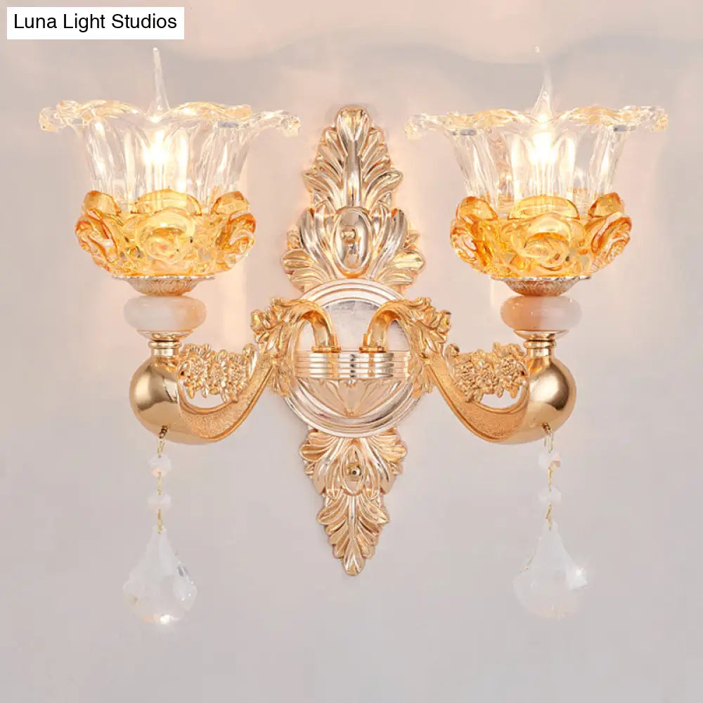 Traditional Gold Crystal Sconce With 2 Bulbs - Elegant Wall Mount Light Fixture