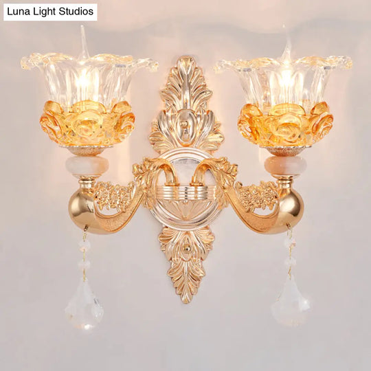 Traditional Gold Crystal Sconce With 2 Bulbs - Elegant Wall Mount Light Fixture