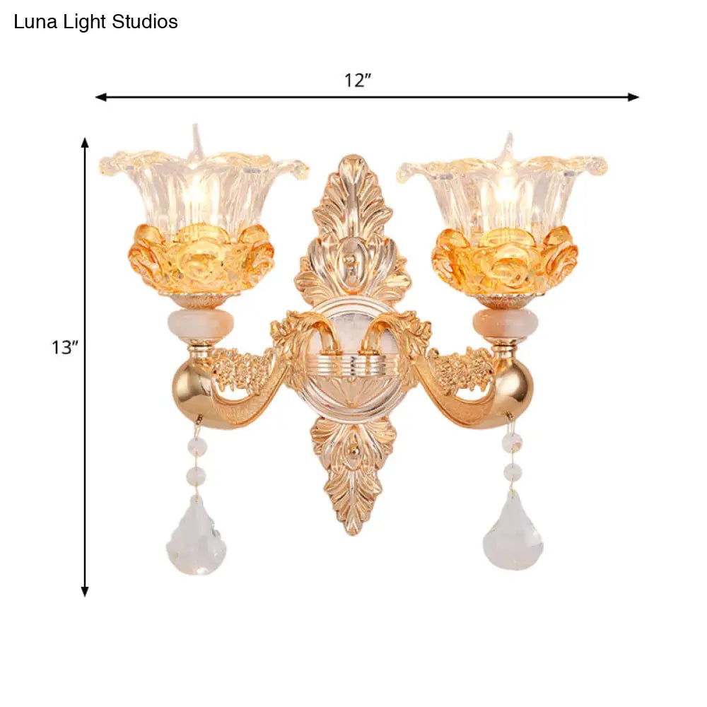 Traditional Gold Crystal Sconce With 2 Bulbs - Elegant Wall Mount Light Fixture