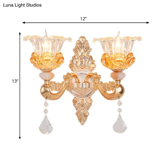 Traditional Gold Crystal Sconce With 2 Bulbs - Elegant Wall Mount Light Fixture