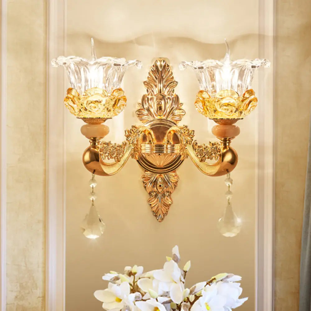 Traditional Gold Crystal Sconce With 2 Bulbs - Elegant Wall Mount Light Fixture