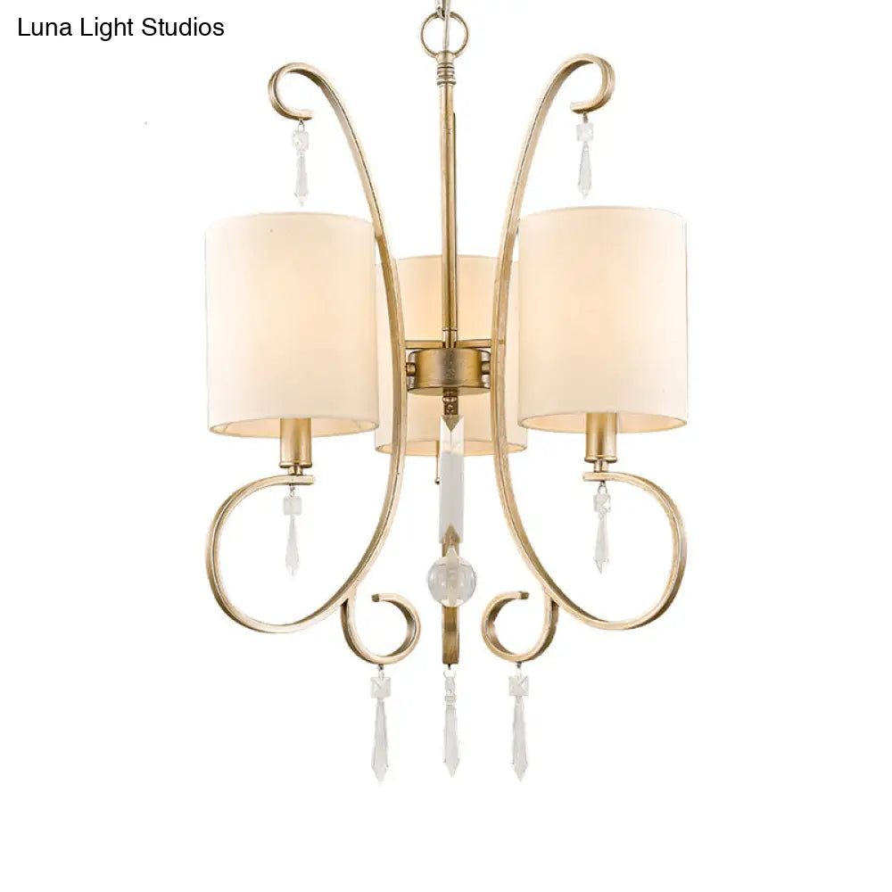 Traditional Gold Cylinder Chandelier: Fabric 3-Bulb Bedroom Hanging Lamp With Metal And Crystal