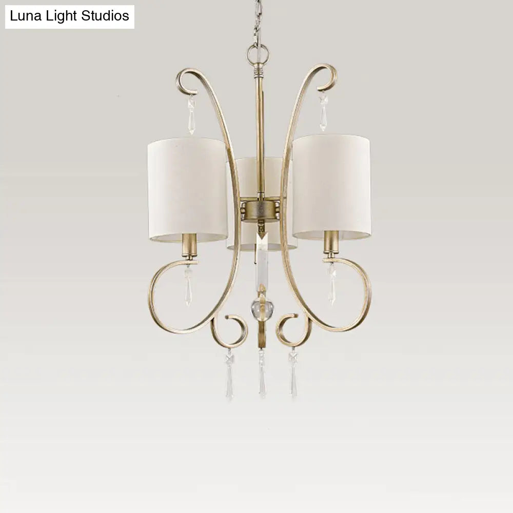 Traditional Gold Cylinder Chandelier: Fabric 3-Bulb Bedroom Hanging Lamp With Metal And Crystal