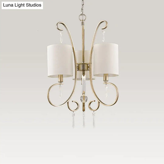 Traditional Gold Cylinder Chandelier: Fabric 3-Bulb Bedroom Hanging Lamp With Metal And Crystal