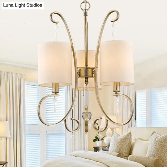 Traditional Gold Cylinder Chandelier: Fabric 3-Bulb Bedroom Hanging Lamp With Metal And Crystal