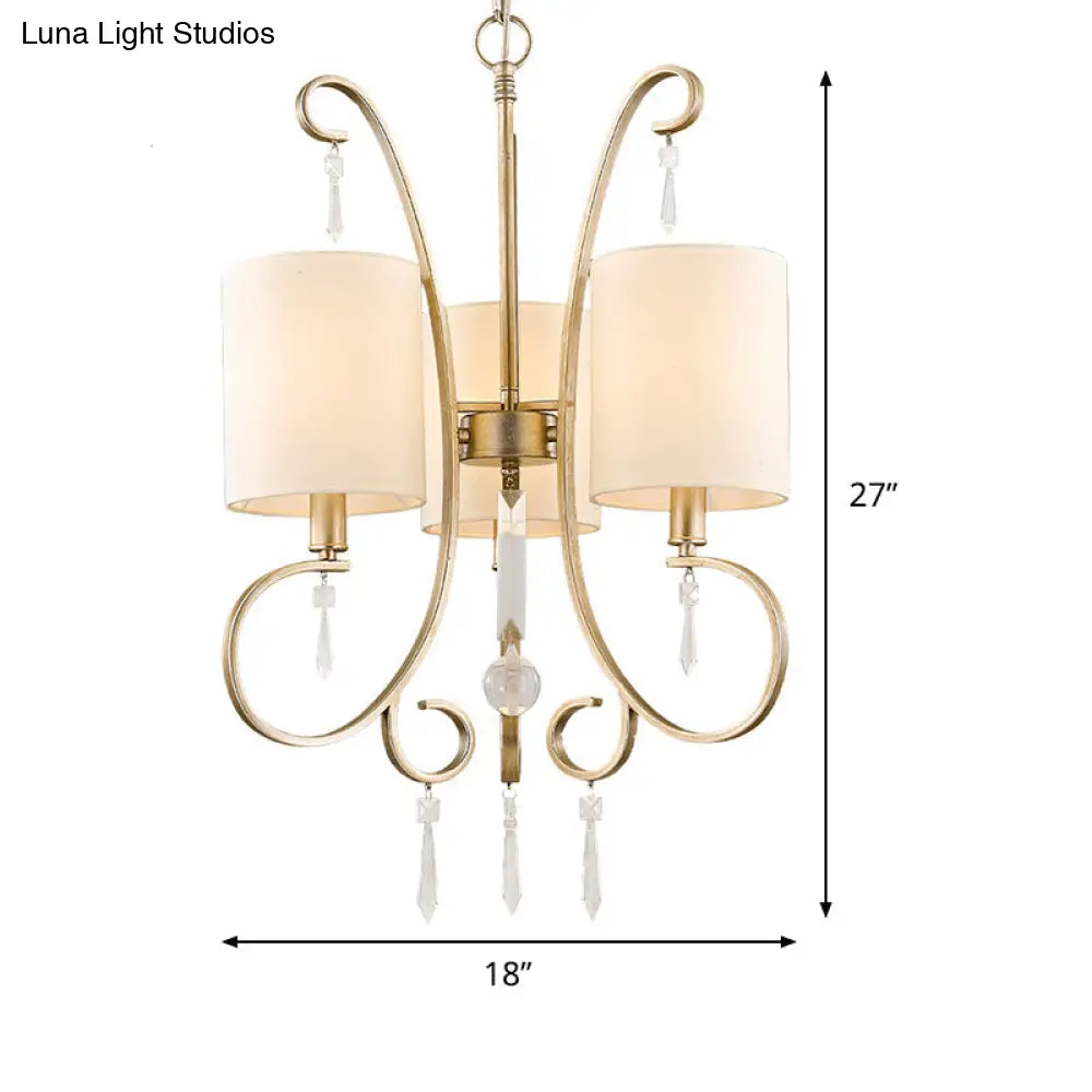 Traditional Gold Cylinder Chandelier: Fabric 3-Bulb Bedroom Hanging Lamp With Metal And Crystal