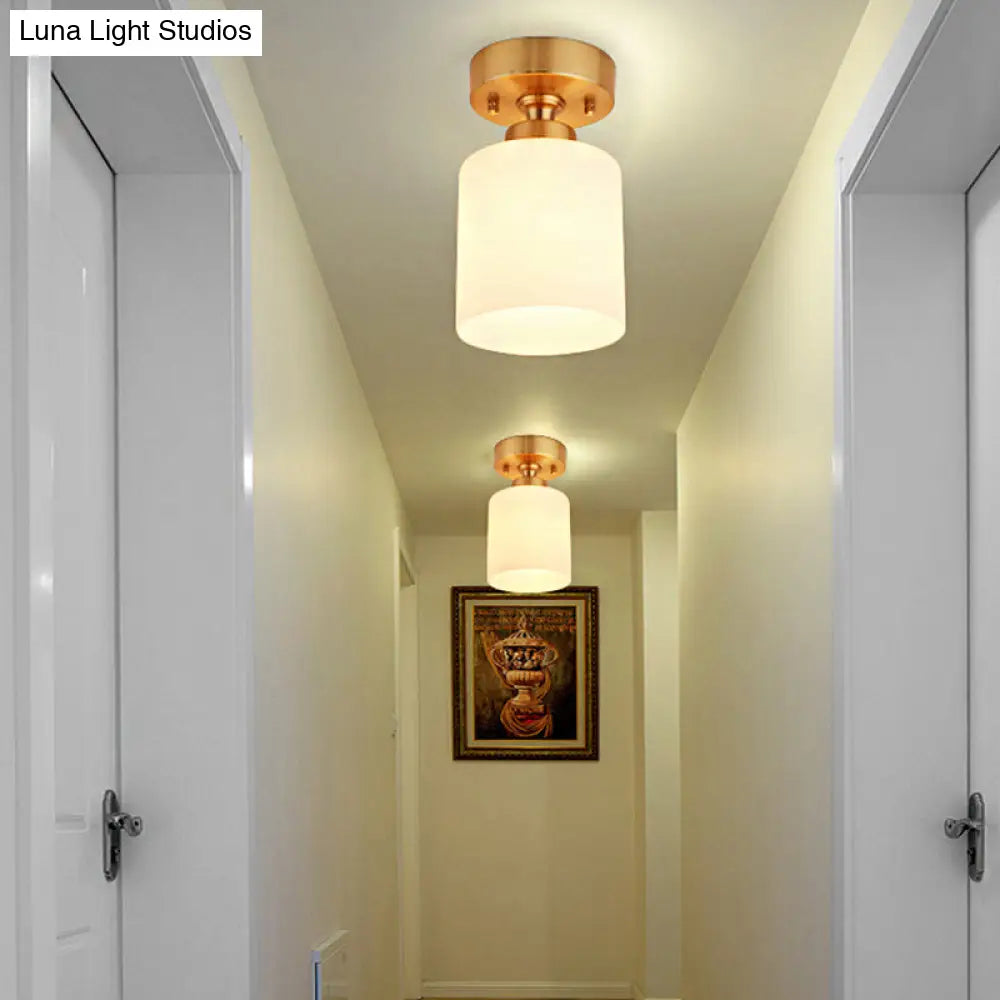 Traditional Gold Cylinder Glass Flush Fixture - 1 Light Living Room Ceiling