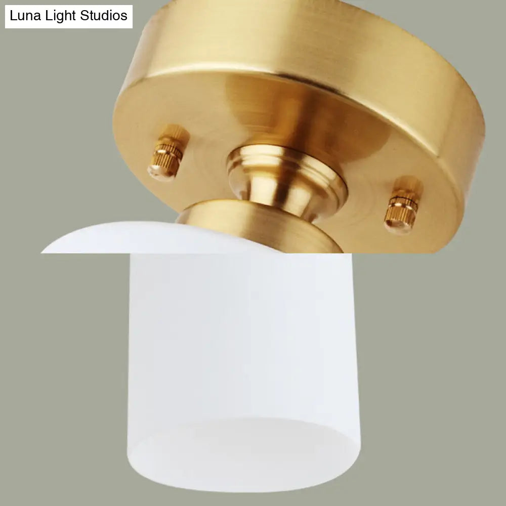 Traditional Gold Cylinder Glass Flush Fixture - 1 Light Living Room Ceiling